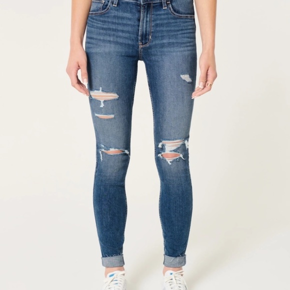 Hollister Medium Blue Ripped High Rise Super Stretchy Skinny Jeggings - Picture 9 of 10